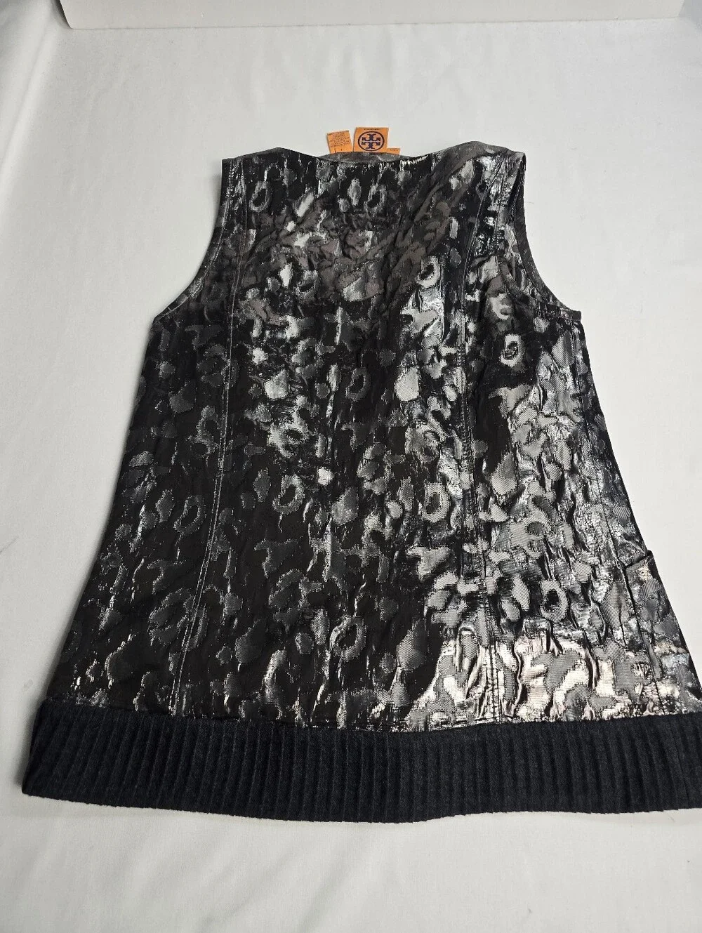 Tory Burch Black Metallic Sleeveless Leopard Animal Print Top Size 8 Blouse
